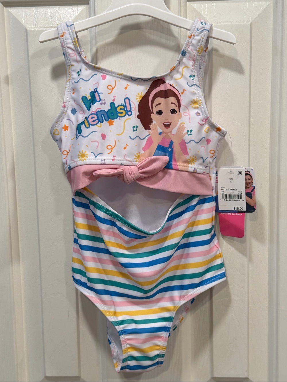 Ms Rachel One-Piece Swimsuit with Rainbow Stripes & Front Cutout 4T